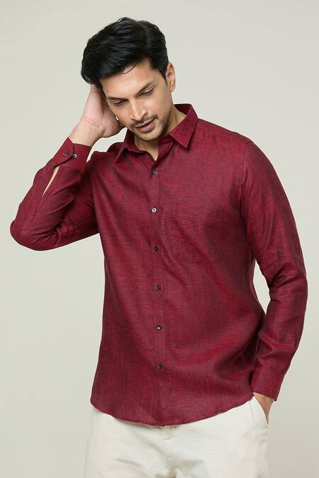 Shop Aryavir Malhotra Maroon Linen Textured Full Sleeves Shirt Online at Aza Fashions Shop_Aryavir Malhotra_Maroon Linen Textured Full Sleeves Shirt _Online_at_Aza_Fashions