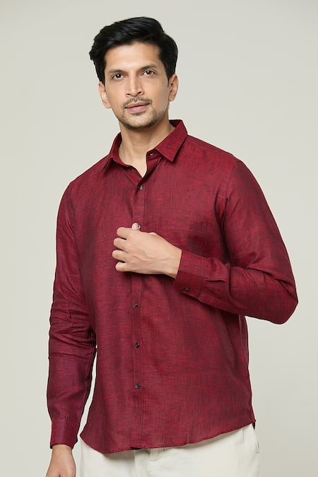 Aryavir Malhotra Maroon Linen Textured Full Sleeves Shirt at Aza Fashions Aryavir Malhotra_Maroon Linen Textured Full Sleeves Shirt _at_Aza_Fashions
