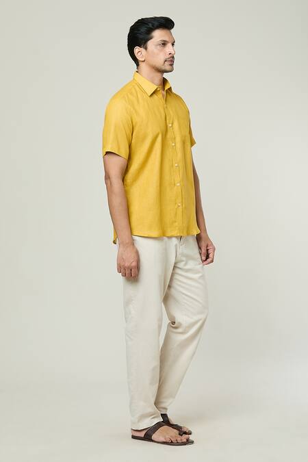 Aryavir Malhotra Yellow Linen Solid Half Sleeves Shirt Online at Aza Fashions Aryavir Malhotra_Yellow Linen Solid Half Sleeves Shirt _Online_at_Aza_Fashions