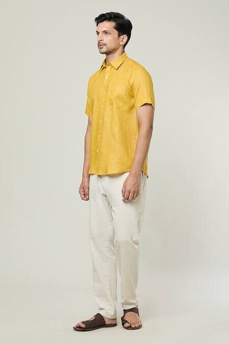 Buy Aryavir Malhotra Yellow Linen Solid Half Sleeves Shirt Online at Aza Fashions Buy_Aryavir Malhotra_Yellow Linen Solid Half Sleeves Shirt _Online_at_Aza_Fashions