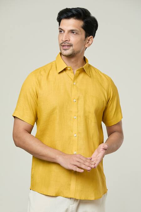 Aryavir Malhotra Yellow Linen Solid Half Sleeves Shirt at Aza Fashions Aryavir Malhotra_Yellow Linen Solid Half Sleeves Shirt _at_Aza_Fashions