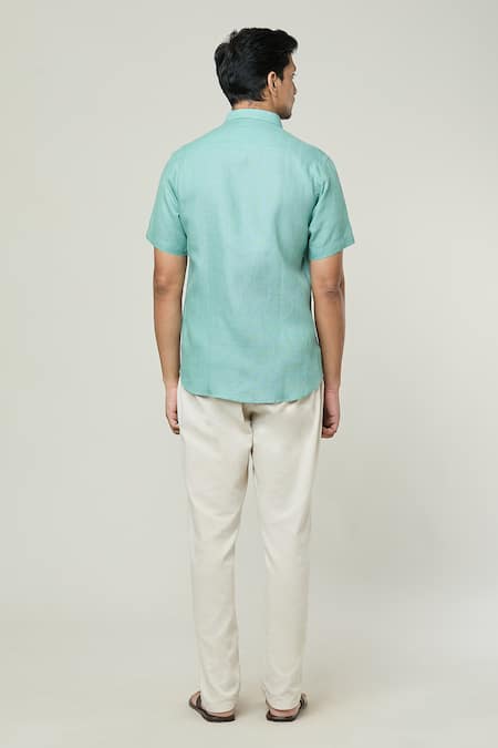 Shop Aryavir Malhotra Blue Linen Plain Half Sleeves Shirt at Aza Fashions Shop_Aryavir Malhotra_Blue Linen Plain Half Sleeves Shirt _at_Aza_Fashions
