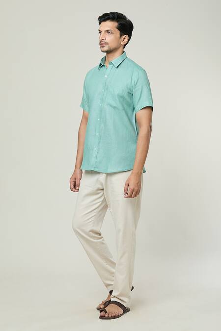 Aryavir Malhotra Blue Linen Plain Half Sleeves Shirt Online at Aza Fashions Aryavir Malhotra_Blue Linen Plain Half Sleeves Shirt _Online_at_Aza_Fashions
