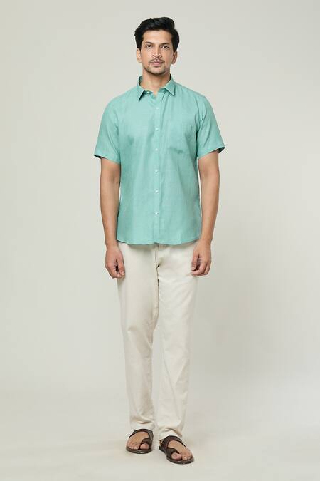 Buy Aryavir Malhotra Blue Linen Plain Half Sleeves Shirt Online at Aza Fashions Buy_Aryavir Malhotra_Blue Linen Plain Half Sleeves Shirt _Online_at_Aza_Fashions