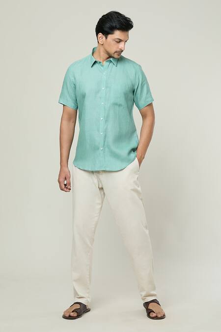 Shop Aryavir Malhotra Blue Linen Plain Half Sleeves Shirt Online at Aza Fashions Shop_Aryavir Malhotra_Blue Linen Plain Half Sleeves Shirt _Online_at_Aza_Fashions