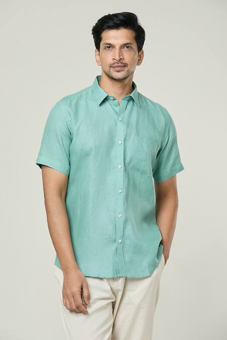 Aryavir Malhotra Blue Linen Plain Half Sleeves Shirt at Aza Fashions Aryavir Malhotra_Blue Linen Plain Half Sleeves Shirt _at_Aza_Fashions