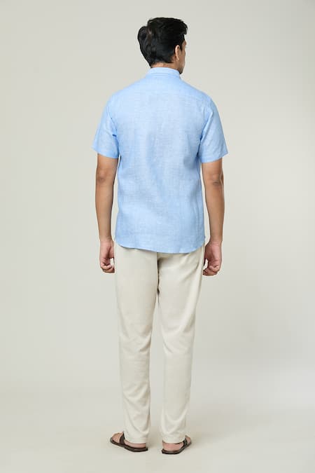Shop Aryavir Malhotra Blue Linen Textured Half Sleeves Shirt at Aza Fashions Shop_Aryavir Malhotra_Blue Linen Textured Half Sleeves Shirt _at_Aza_Fashions