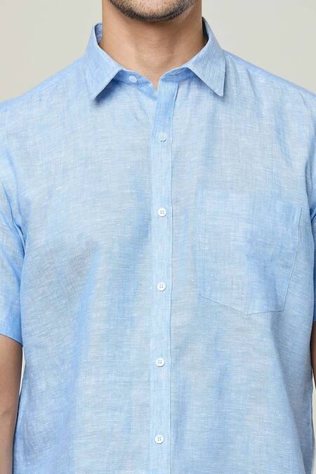Aryavir Malhotra Blue Linen Textured Half Sleeves Shirt Online at Aza Fashions Aryavir Malhotra_Blue Linen Textured Half Sleeves Shirt _Online_at_Aza_Fashions