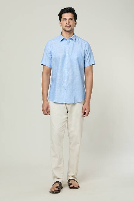 Buy Aryavir Malhotra Blue Linen Textured Half Sleeves Shirt Online at Aza Fashions Buy_Aryavir Malhotra_Blue Linen Textured Half Sleeves Shirt _Online_at_Aza_Fashions