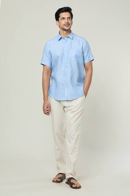 Aryavir Malhotra Blue Linen Textured Half Sleeves Shirt at Aza Fashions Aryavir Malhotra_Blue Linen Textured Half Sleeves Shirt _at_Aza_Fashions