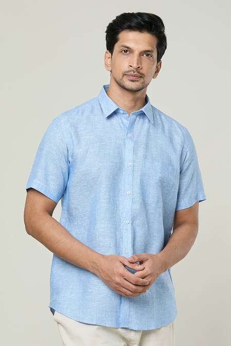 Buy Aryavir Malhotra Blue Linen Textured Half Sleeves Shirt Buy_Aryavir Malhotra_Blue Linen Textured Half Sleeves Shirt