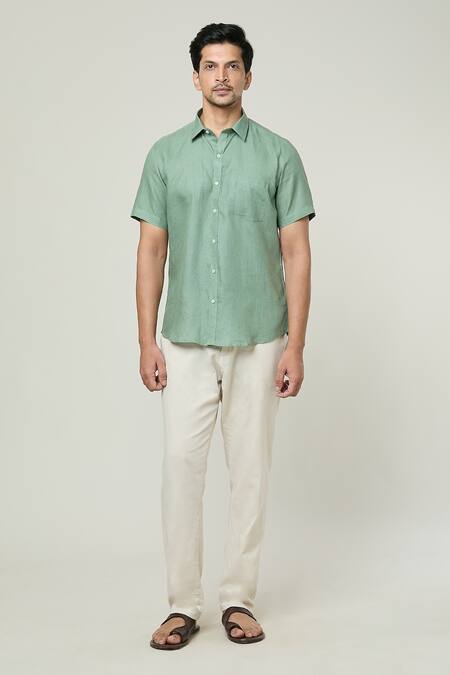 Aryavir Malhotra Green Linen Half Sleeves Shirt Online at Aza Fashions Aryavir Malhotra_Green Linen Half Sleeves Shirt _Online_at_Aza_Fashions