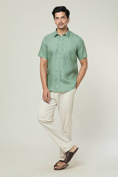 Buy Aryavir Malhotra Green Linen Half Sleeves Shirt Online at Aza Fashions Buy_Aryavir Malhotra_Green Linen Half Sleeves Shirt _Online_at_Aza_Fashions