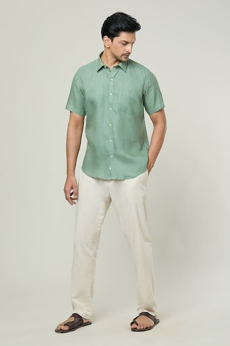 Shop Aryavir Malhotra Green Linen Half Sleeves Shirt Online at Aza Fashions Shop_Aryavir Malhotra_Green Linen Half Sleeves Shirt _Online_at_Aza_Fashions