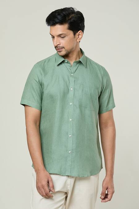 Aryavir Malhotra Green Linen Half Sleeves Shirt at Aza Fashions Aryavir Malhotra_Green Linen Half Sleeves Shirt _at_Aza_Fashions