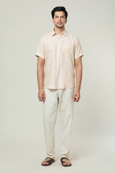 Aryavir Malhotra Beige Linen Half Sleeves Solid Shirt Online at Aza Fashions Aryavir Malhotra_Beige Linen Half Sleeves Solid Shirt _Online_at_Aza_Fashions