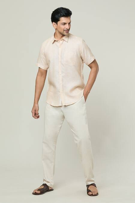 Shop Aryavir Malhotra Beige Linen Half Sleeves Solid Shirt Online at Aza Fashions Shop_Aryavir Malhotra_Beige Linen Half Sleeves Solid Shirt _Online_at_Aza_Fashions
