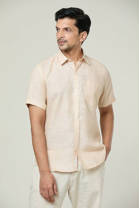 Aryavir Malhotra Beige Linen Half Sleeves Solid Shirt at Aza Fashions Aryavir Malhotra_Beige Linen Half Sleeves Solid Shirt _at_Aza_Fashions