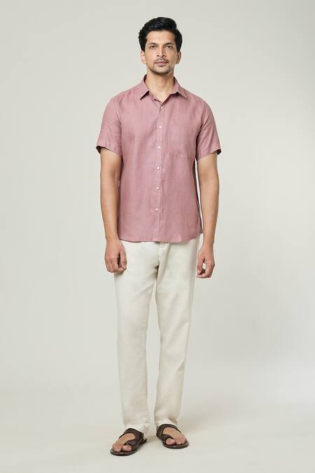 Aryavir Malhotra Pink Linen Half Sleeves Plain Shirt Online at Aza Fashions Aryavir Malhotra_Pink Linen Half Sleeves Plain Shirt _Online_at_Aza_Fashions