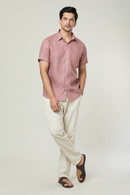 Buy Aryavir Malhotra Pink Linen Half Sleeves Plain Shirt Online at Aza Fashions Buy_Aryavir Malhotra_Pink Linen Half Sleeves Plain Shirt _Online_at_Aza_Fashions