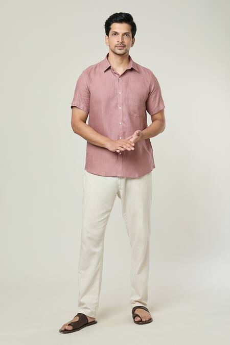 Shop Aryavir Malhotra Pink Linen Half Sleeves Plain Shirt Online at Aza Fashions Shop_Aryavir Malhotra_Pink Linen Half Sleeves Plain Shirt _Online_at_Aza_Fashions