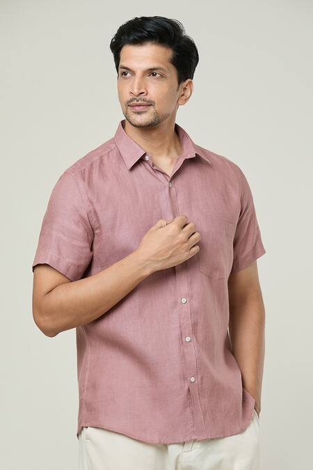 Aryavir Malhotra Pink Linen Half Sleeves Plain Shirt at Aza Fashions Aryavir Malhotra_Pink Linen Half Sleeves Plain Shirt _at_Aza_Fashions