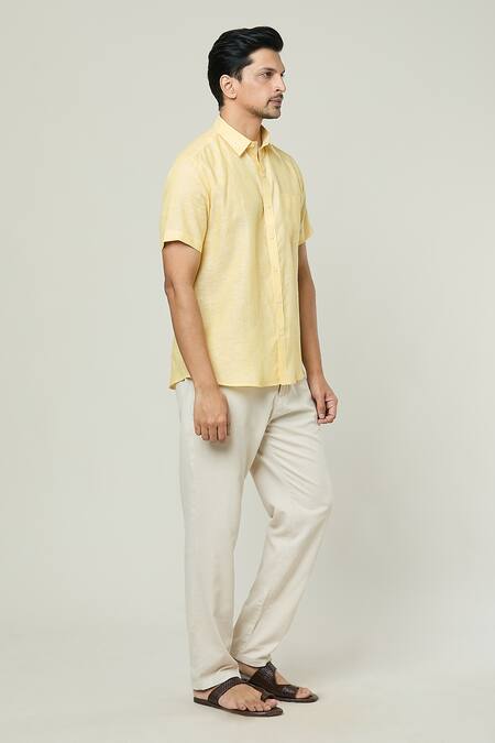 Aryavir Malhotra_Yellow Linen Half Sleeves Button Down Shirt _Online_at_Aza_Fashions