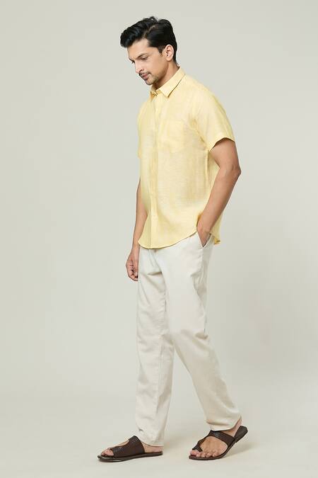 Buy_Aryavir Malhotra_Yellow Linen Half Sleeves Button Down Shirt _Online_at_Aza_Fashions