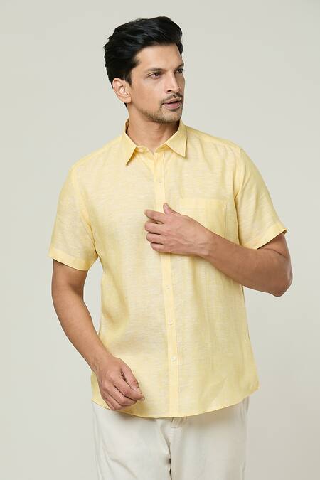Shop_Aryavir Malhotra_Yellow Linen Half Sleeves Button Down Shirt _Online_at_Aza_Fashions