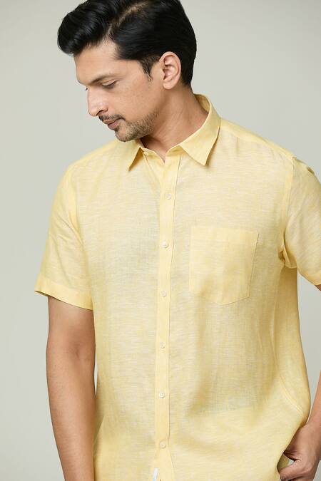 Aryavir Malhotra_Yellow Linen Half Sleeves Button Down Shirt _at_Aza_Fashions