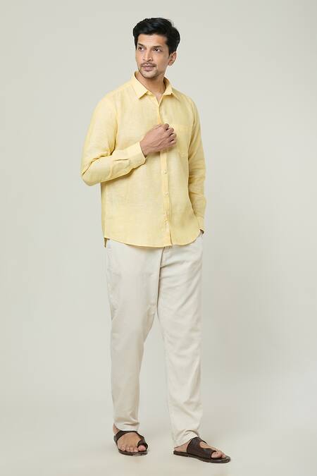 Shop Aryavir Malhotra Yellow Linen Full Sleeves Button Down Shirt Online at Aza Fashions Shop_Aryavir Malhotra_Yellow Linen Full Sleeves Button Down Shirt _Online_at_Aza_Fashions