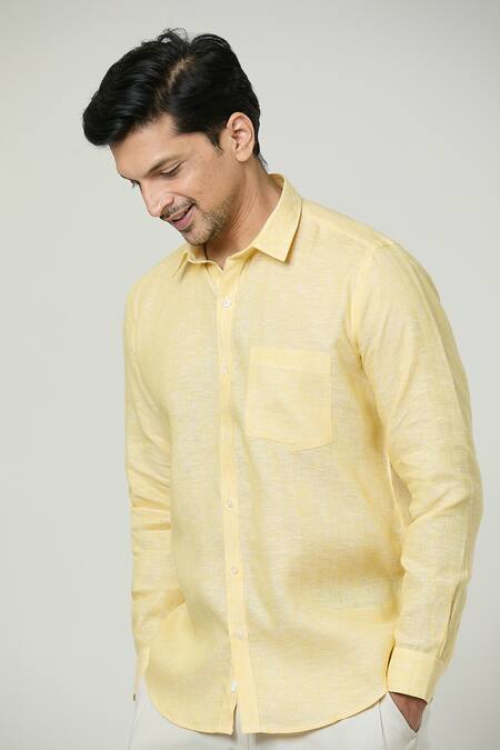 Aryavir Malhotra Yellow Linen Full Sleeves Button Down Shirt at Aza Fashions Aryavir Malhotra_Yellow Linen Full Sleeves Button Down Shirt _at_Aza_Fashions