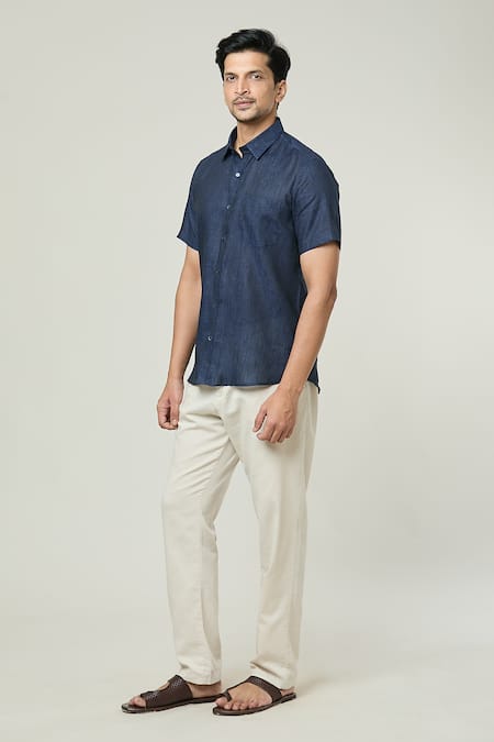 Shop_Aryavir Malhotra_Blue Linen Half Sleeves Button Down Shirt _at_Aza_Fashions
