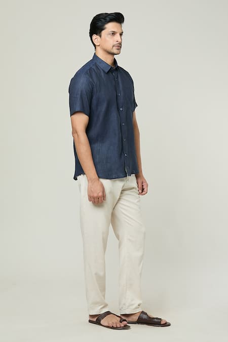 Aryavir Malhotra_Blue Linen Half Sleeves Button Down Shirt _Online_at_Aza_Fashions