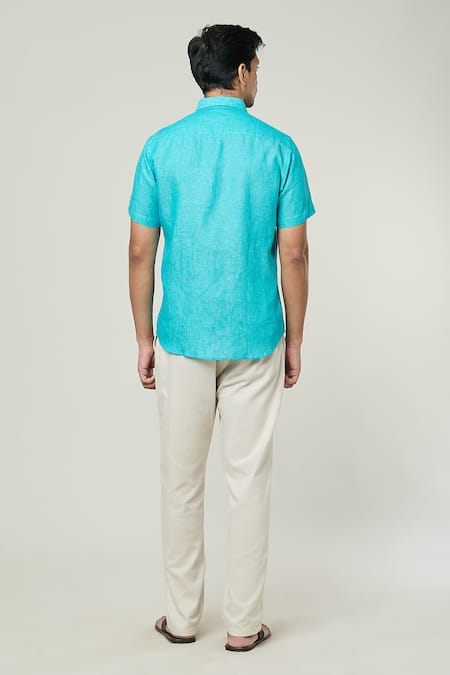 Shop_Aryavir Malhotra_Blue Linen Half Sleeves Collared Shirt _at_Aza_Fashions