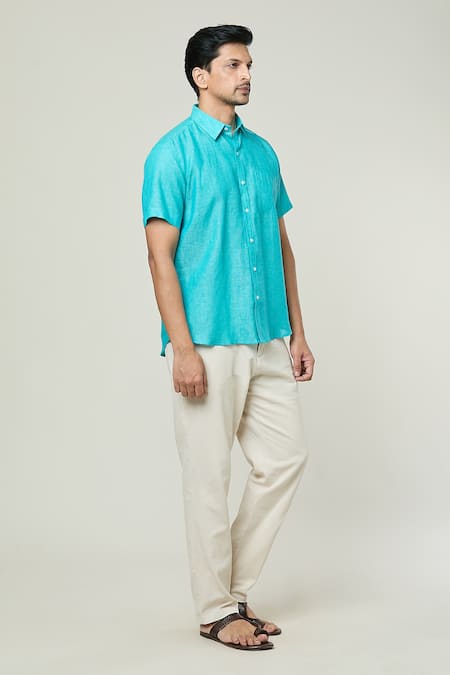 Aryavir Malhotra_Blue Linen Half Sleeves Collared Shirt _Online_at_Aza_Fashions