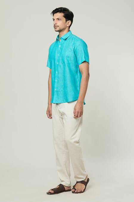Buy_Aryavir Malhotra_Blue Linen Half Sleeves Collared Shirt _Online_at_Aza_Fashions