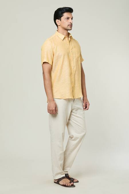 Aryavir Malhotra Yellow Linen Collared Shirt Online at Aza Fashions Aryavir Malhotra_Yellow Linen Collared Shirt _Online_at_Aza_Fashions