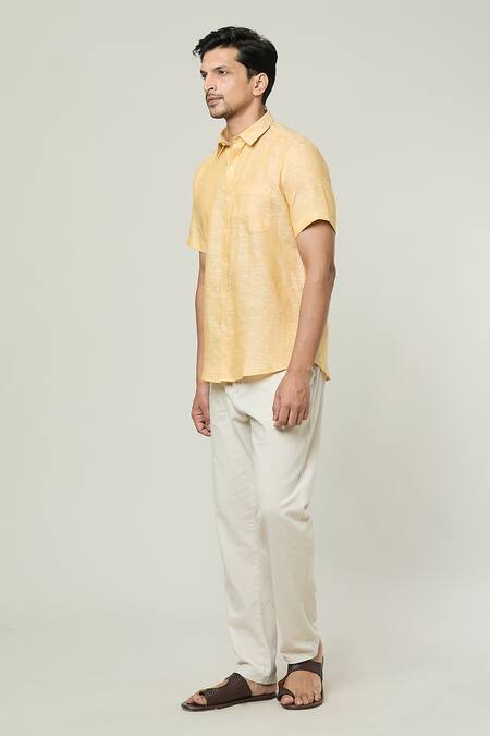 Buy Aryavir Malhotra Yellow Linen Collared Shirt Online at Aza Fashions Buy_Aryavir Malhotra_Yellow Linen Collared Shirt _Online_at_Aza_Fashions