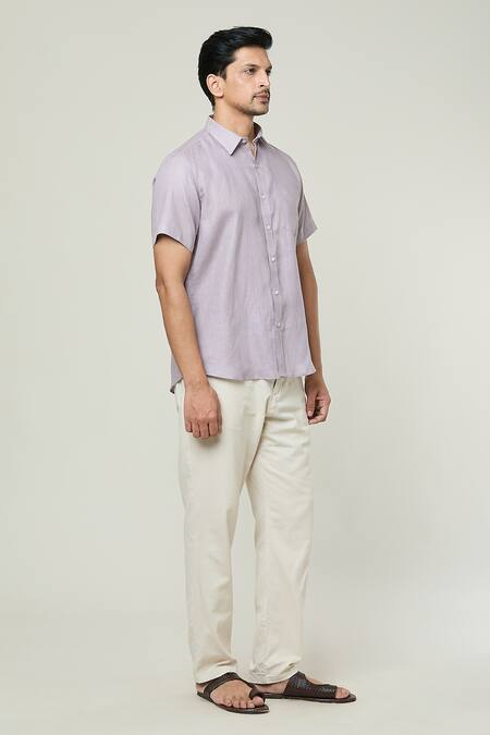 Aryavir Malhotra_Purple Linen Plain Collared Shirt _Online_at_Aza_Fashions