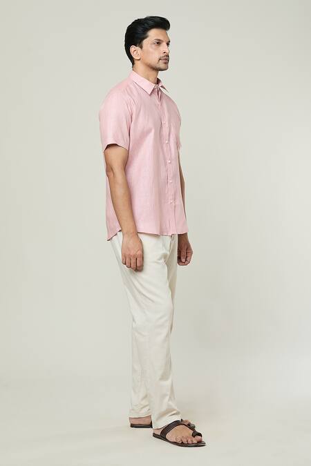 Aryavir Malhotra_Pink Linen Solid Collared Shirt _Online_at_Aza_Fashions