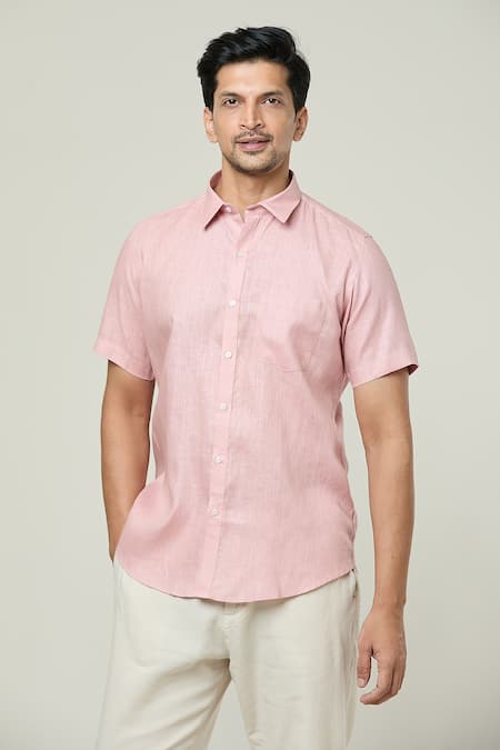 Shop_Aryavir Malhotra_Pink Linen Solid Collared Shirt _Online_at_Aza_Fashions