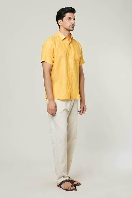 Aryavir Malhotra_Yellow Linen Solid Half Sleeves Collared Shirt _Online_at_Aza_Fashions