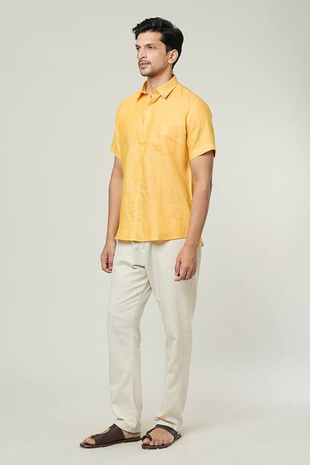 Buy_Aryavir Malhotra_Yellow Linen Solid Half Sleeves Collared Shirt _Online_at_Aza_Fashions