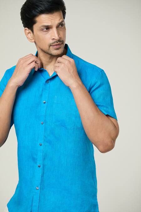 Aryavir Malhotra_Blue Linen Plain Half Sleeves Collared Shirt _at_Aza_Fashions