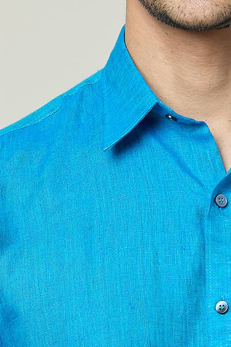 Buy_Aryavir Malhotra_Blue Linen Plain Half Sleeves Collared Shirt 