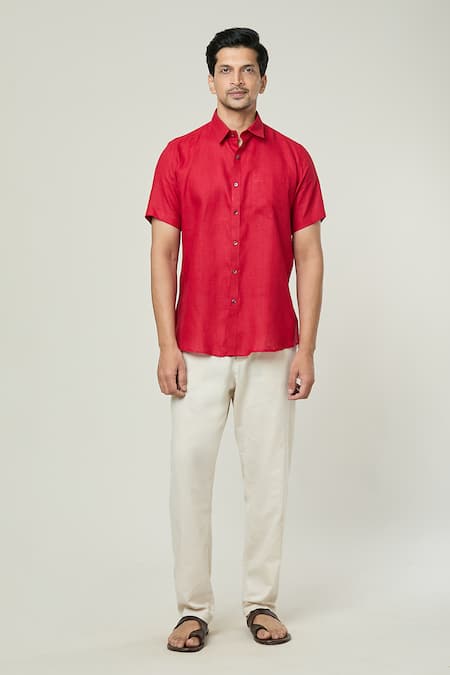 Arihant Rai Sinha Plain Half Sleeves Pocket Detail Linen Shirt 