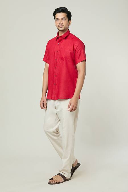 Aryavir Malhotra Red Linen Plain Half Sleeves Pocket Detail Shirt Online at Aza Fashions Aryavir Malhotra_Red Linen Plain Half Sleeves Pocket Detail Shirt _Online_at_Aza_Fashions