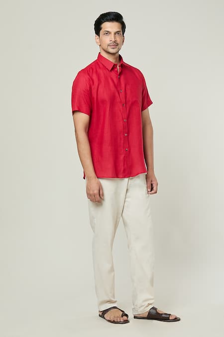 Buy Aryavir Malhotra Red Linen Plain Half Sleeves Pocket Detail Shirt Online at Aza Fashions Buy_Aryavir Malhotra_Red Linen Plain Half Sleeves Pocket Detail Shirt _Online_at_Aza_Fashions