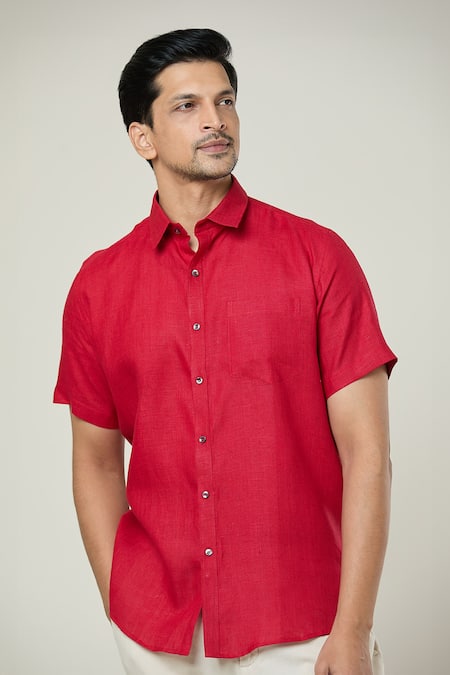 Shop Aryavir Malhotra Red Linen Plain Half Sleeves Pocket Detail Shirt Online at Aza Fashions Shop_Aryavir Malhotra_Red Linen Plain Half Sleeves Pocket Detail Shirt _Online_at_Aza_Fashions